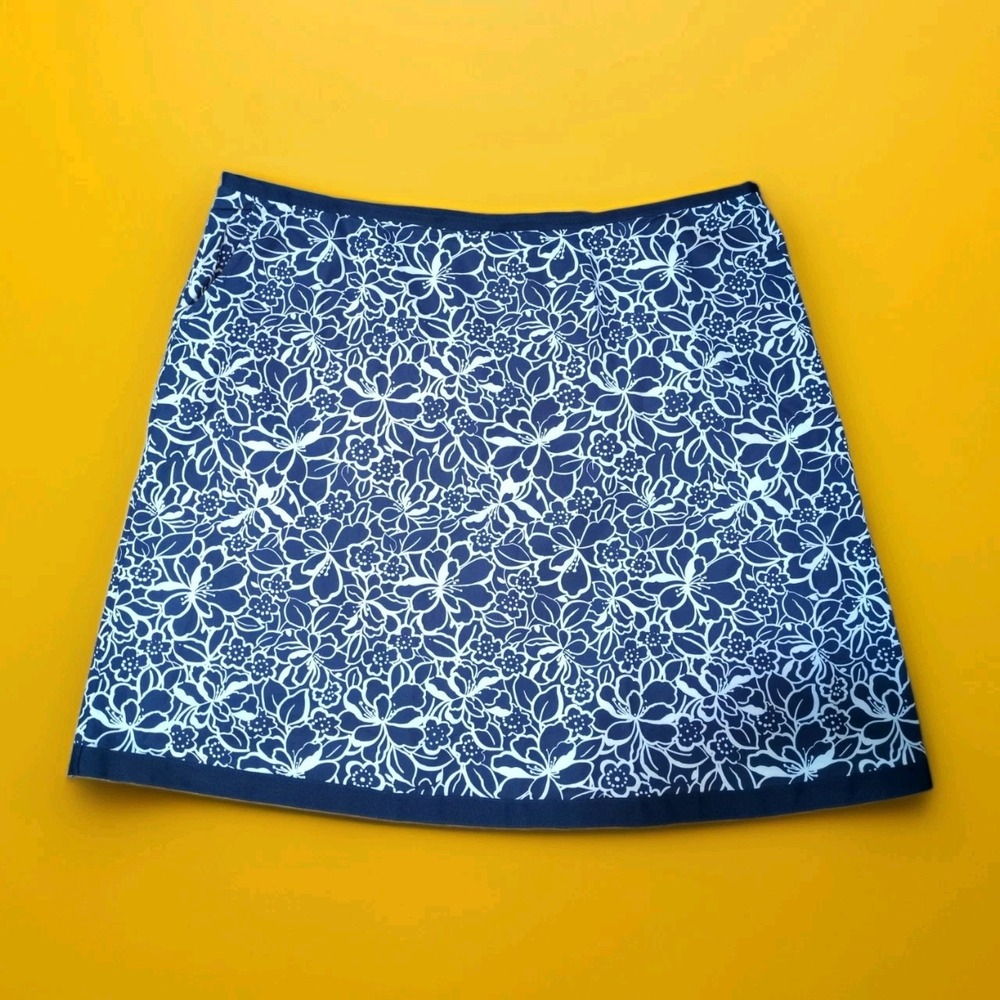 LL BEAN Sz 20 Favorite Fit Side Zip Pockets Cotton Lined Skirt Navy White Floral